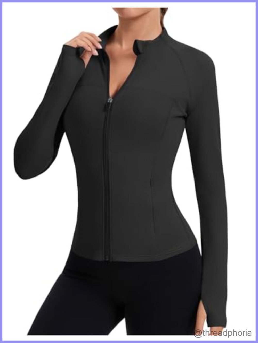Women Full Zip Workout Jacket Athletic Slim Fit Top Thumb Holes Black